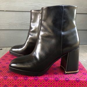 Tory Burch Black Leather “Ruby” Heeled Ankle Booties